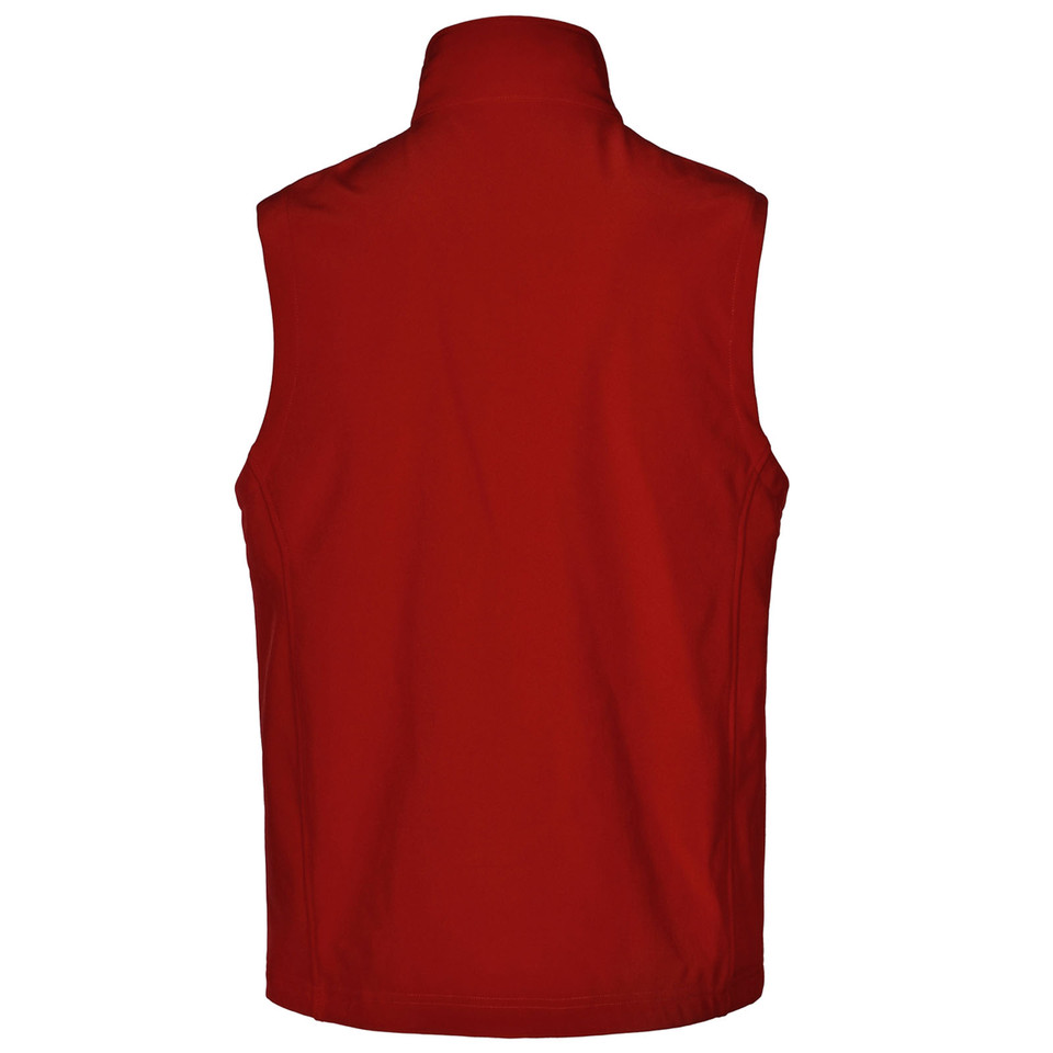 Red KINGDOM Men's Stretchy Softshell Hi-Tech Vest, a windproof and water-resistant sleeveless gilet featuring flexible performance fabric and a soft fleece lining for warmth without bulk.