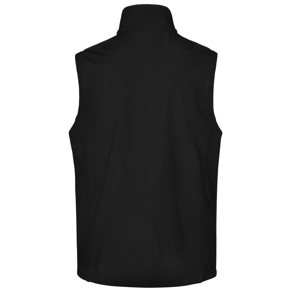 Black KINGDOM Men's Stretchy Softshell Hi-Tech Vest, a windproof and water-resistant sleeveless gilet featuring flexible performance fabric and a soft fleece lining for warmth without bulk.