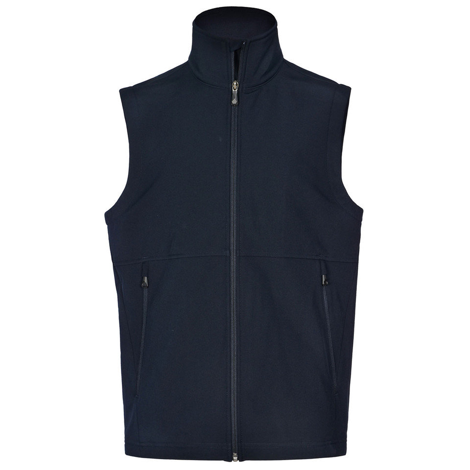 Navy KINGDOM Men's Stretchy Softshell Hi-Tech Vest, a windproof and water-resistant sleeveless gilet featuring flexible performance fabric and a soft fleece lining for warmth without bulk.