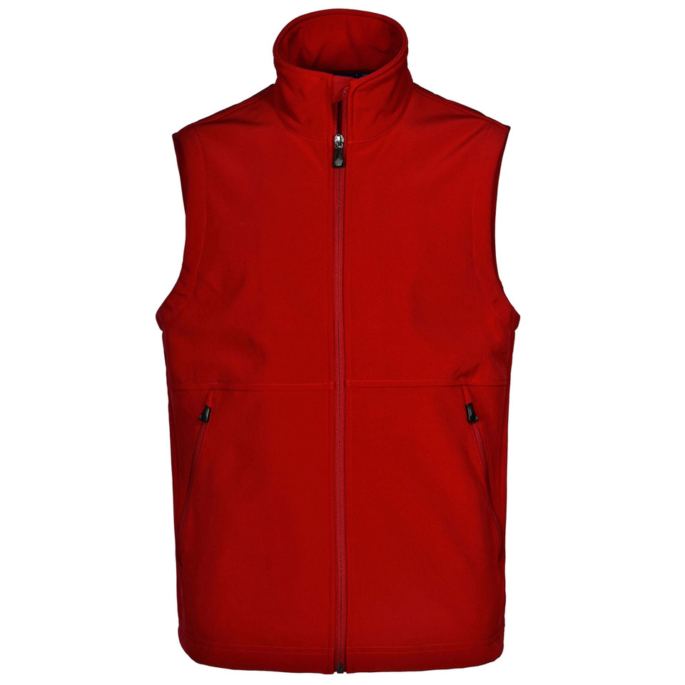 Red KINGDOM Men's Stretchy Softshell Hi-Tech Vest, a windproof and water-resistant sleeveless gilet featuring flexible performance fabric and a soft fleece lining for warmth without bulk.