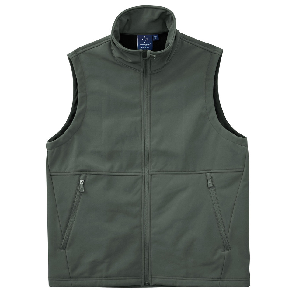 Charcoal grey sleeveless softshell vest with full zip closure and two angled zip pockets