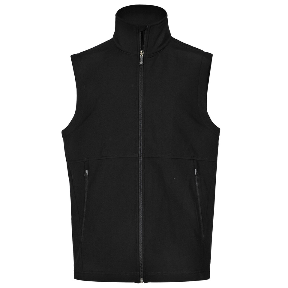 Black sleeveless softshell vest with full front zipper and dual zippered side pockets