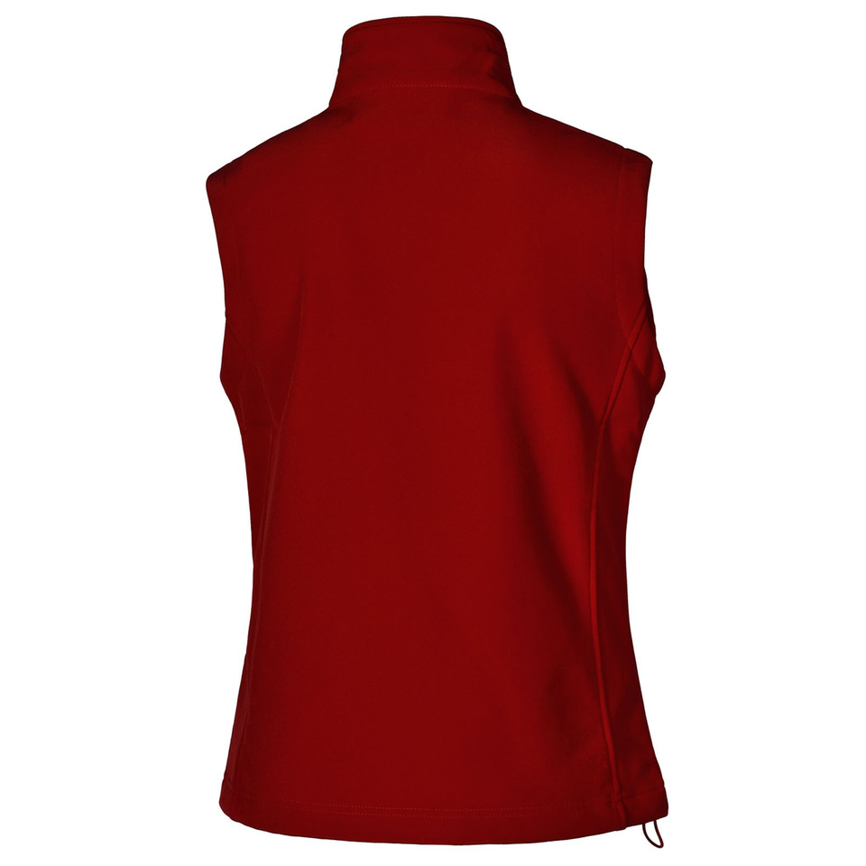 Deep red softshell vest with high collar and adjustable hem cord, rear view showing smooth back panel
