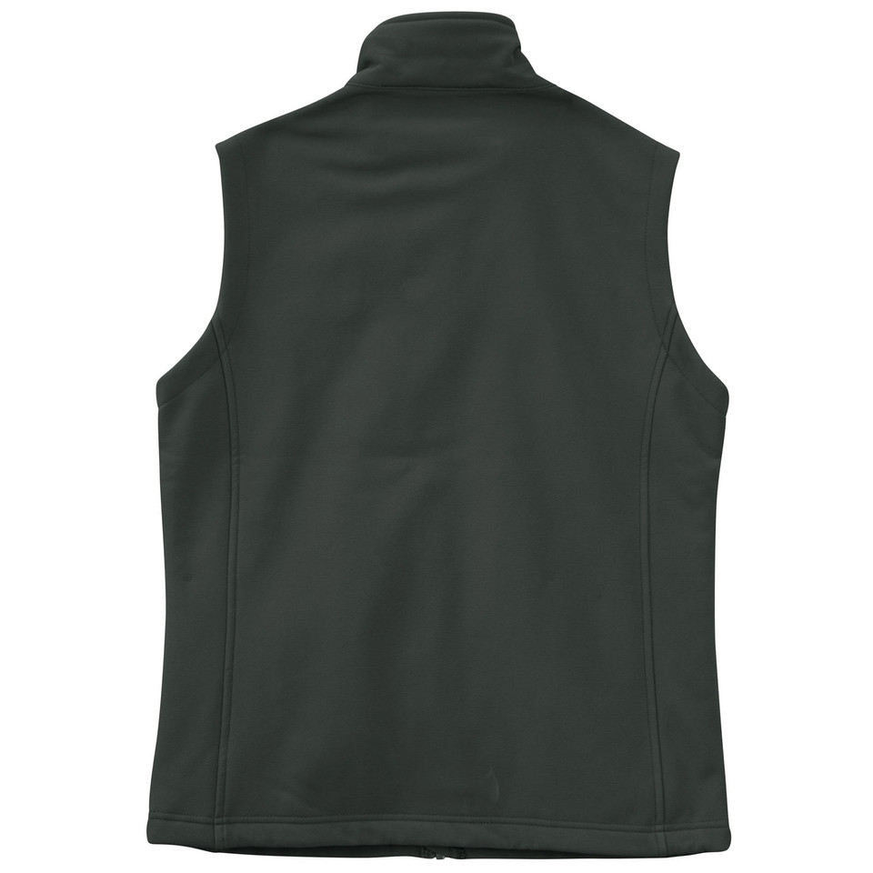Back view of a forest green ladies sleeveless softshell vest with mock collar and side seam panels