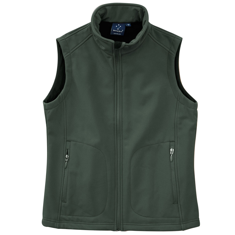 Forest green ladies softshell vest with full-length zip, stand collar, and twin zip side pockets