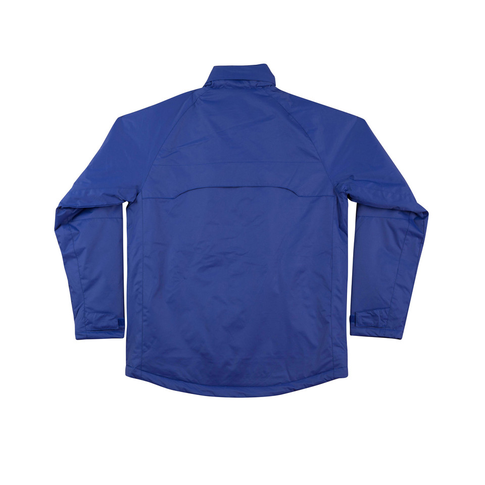 Royal blue nylon fleece-lined jacket back view, raglan sleeves, curved hem panel, mock collar, packshot