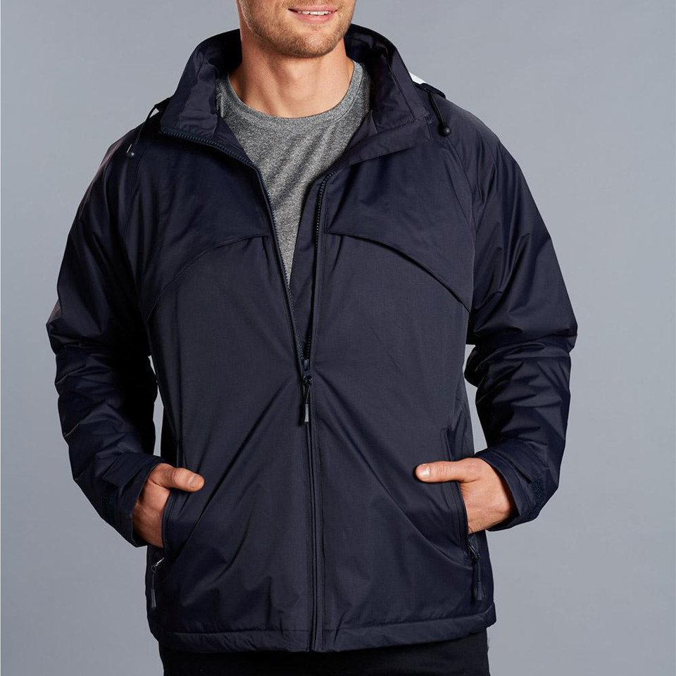 Navy fleece-lined jacket with hood and front zip pockets