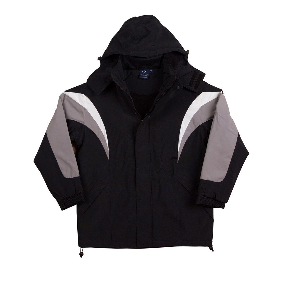 Black hooded jacket with ash grey and white contrast panels on shoulders and chest, zip front, flat lay