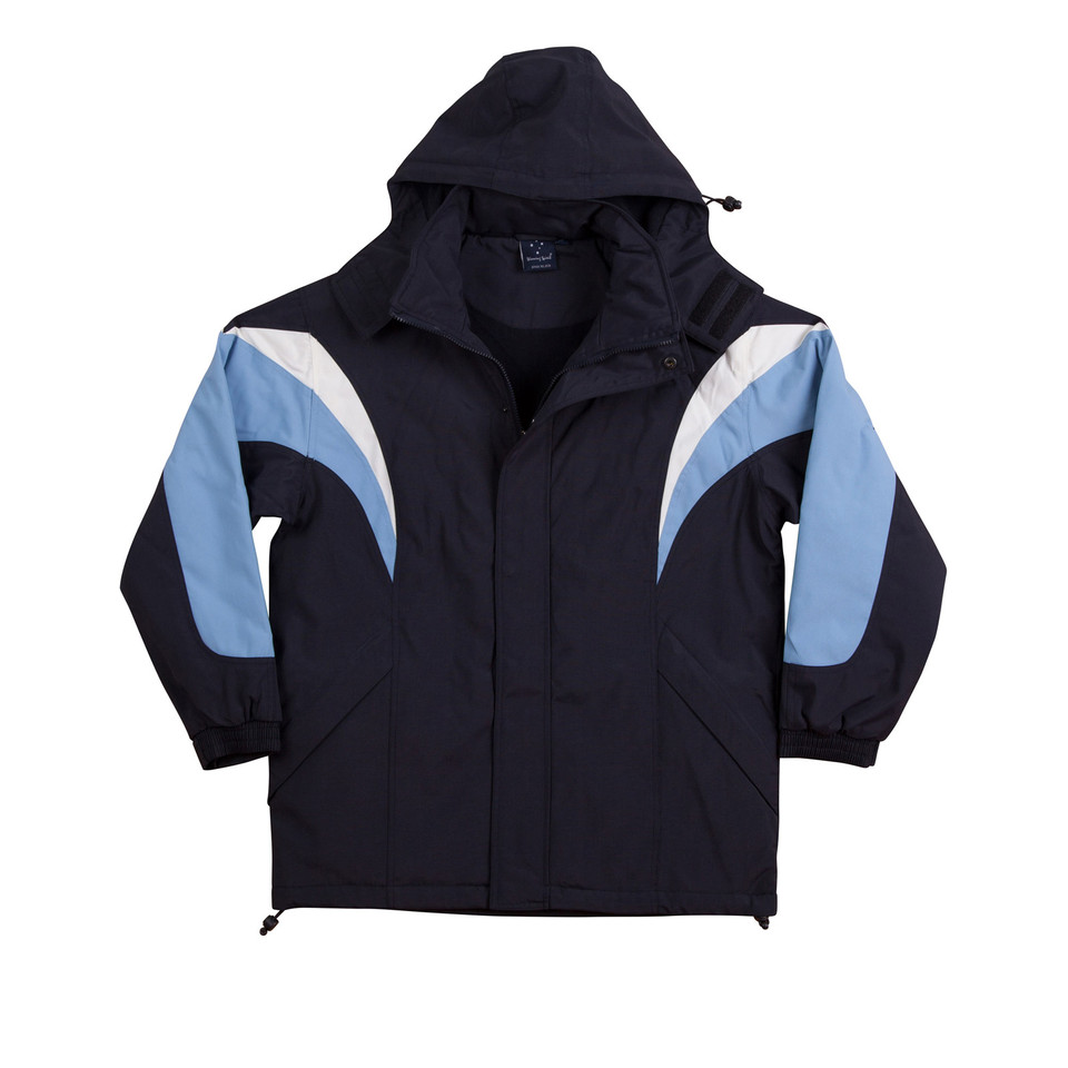 Navy hooded jacket with sky blue and white curved colour-block panels on shoulders and sleeves