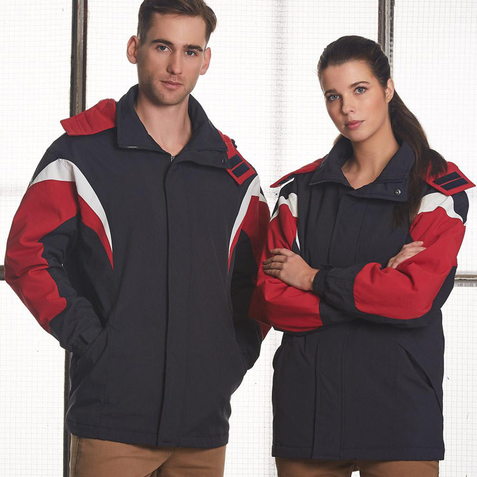 Male and female models wearing navy, red and white panelled hooded zip-up jackets with contrast sleeve inserts