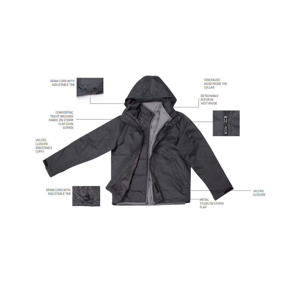 Charcoal grey hooded jacket with front zipper, adjustable cuffs and hem, contrast grey lining visible
