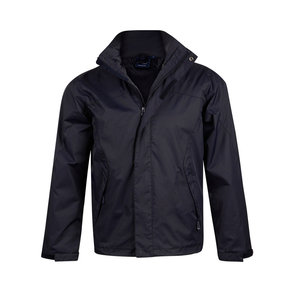 Navy water-resistant jacket with concealed hood, zip front closure and side pockets