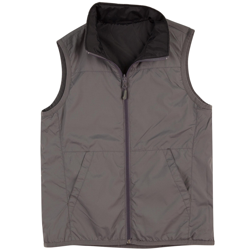 Charcoal reversible puffer vest with black lining, stand collar, full-length zip and side pockets