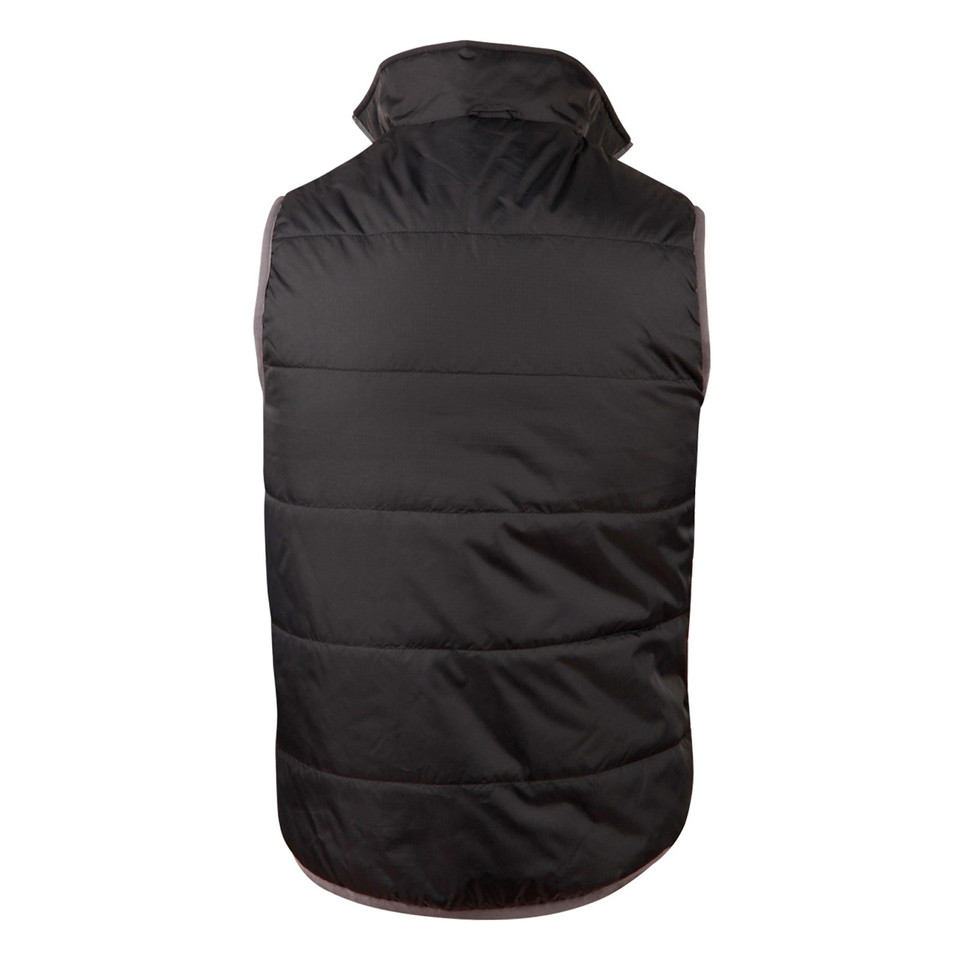 Back view of black padded reversible winter vest with contrast panels and stand collar