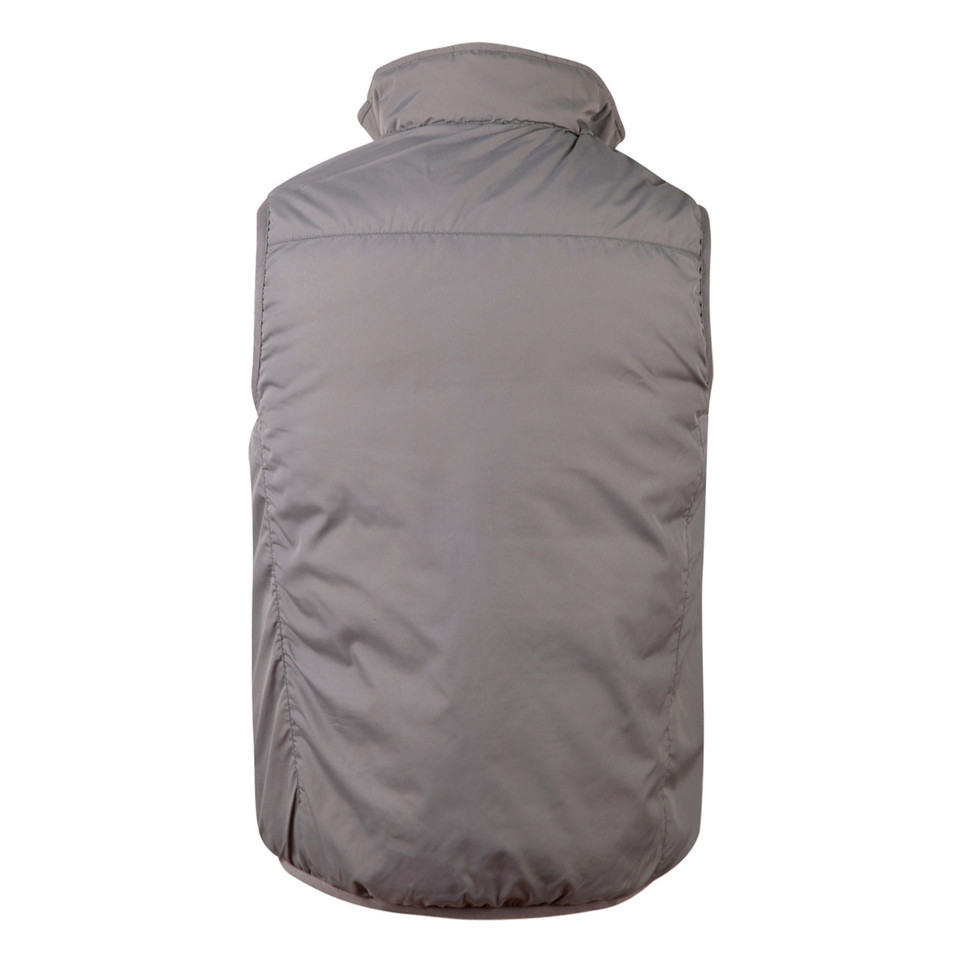 Back view of a stone grey padded reversible vest with high collar and quilted insulation panels
