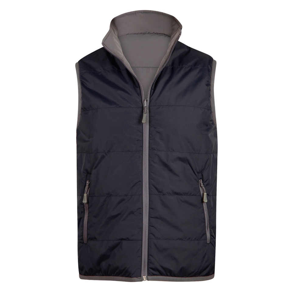 Navy and charcoal grey reversible puffer vest with centre zip, stand collar, and contrast zip pockets