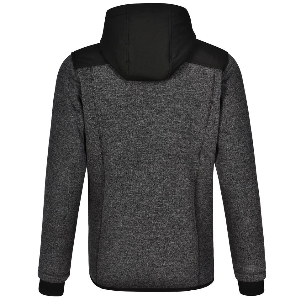 Charcoal heather fleece jacket with black contrast shoulders, hood and cuffs shown from back