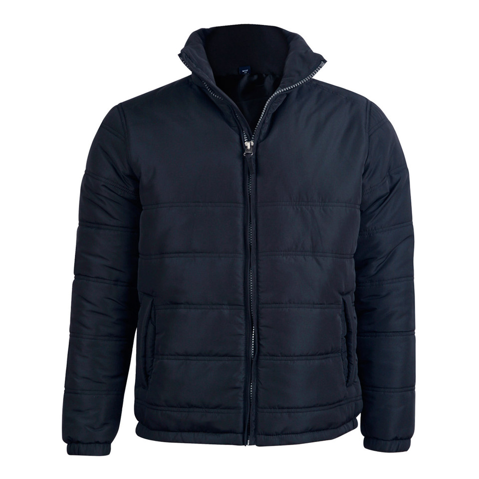 Navy quilted puffer jacket with full zip front and horizontal channel stitching detail
