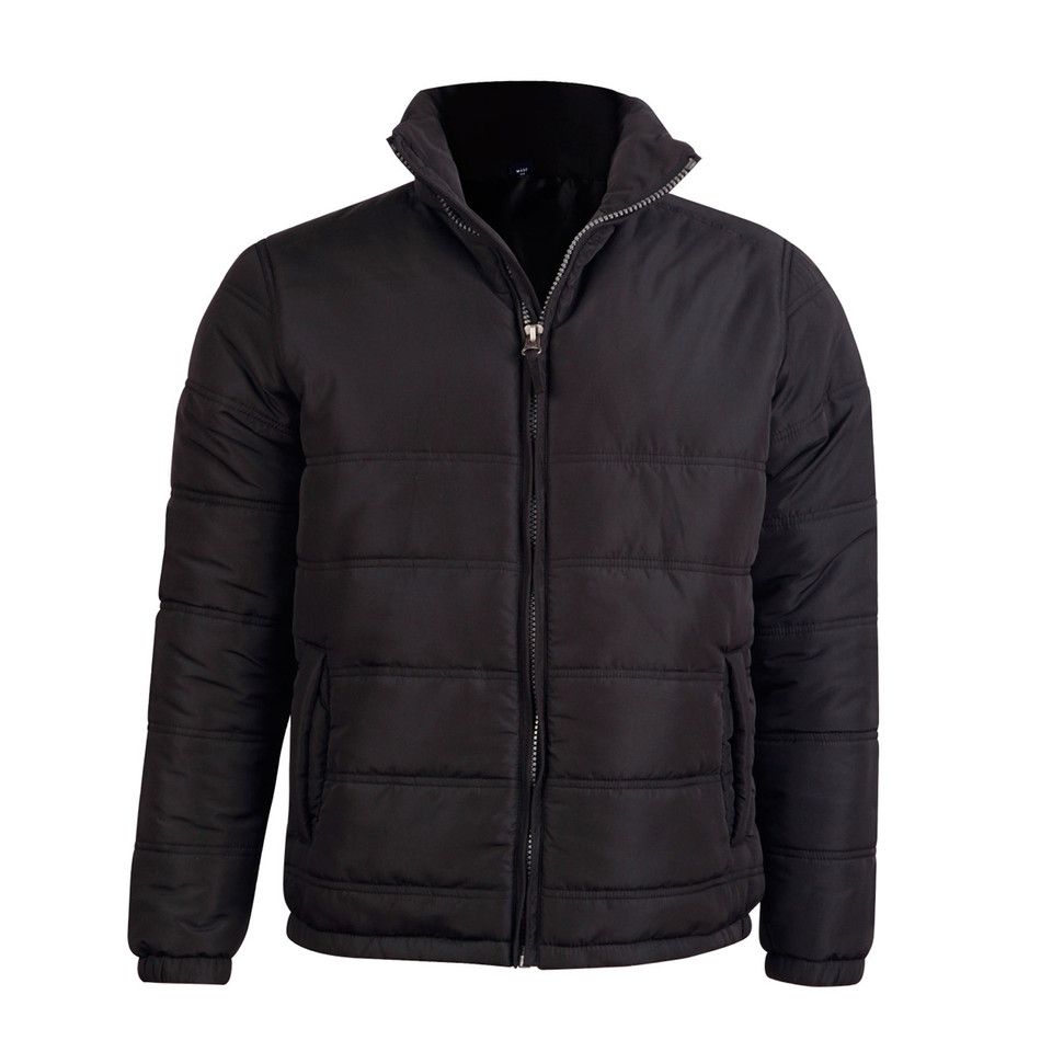 Black quilted puffer jacket with horizontal panel stitching and full-length zip front closure