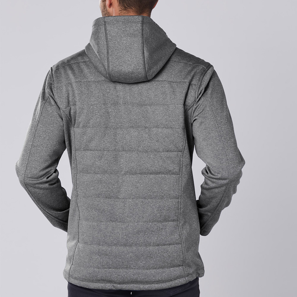 Grey heather quilted jacket shown from back with hood up and horizontal quilted panels
