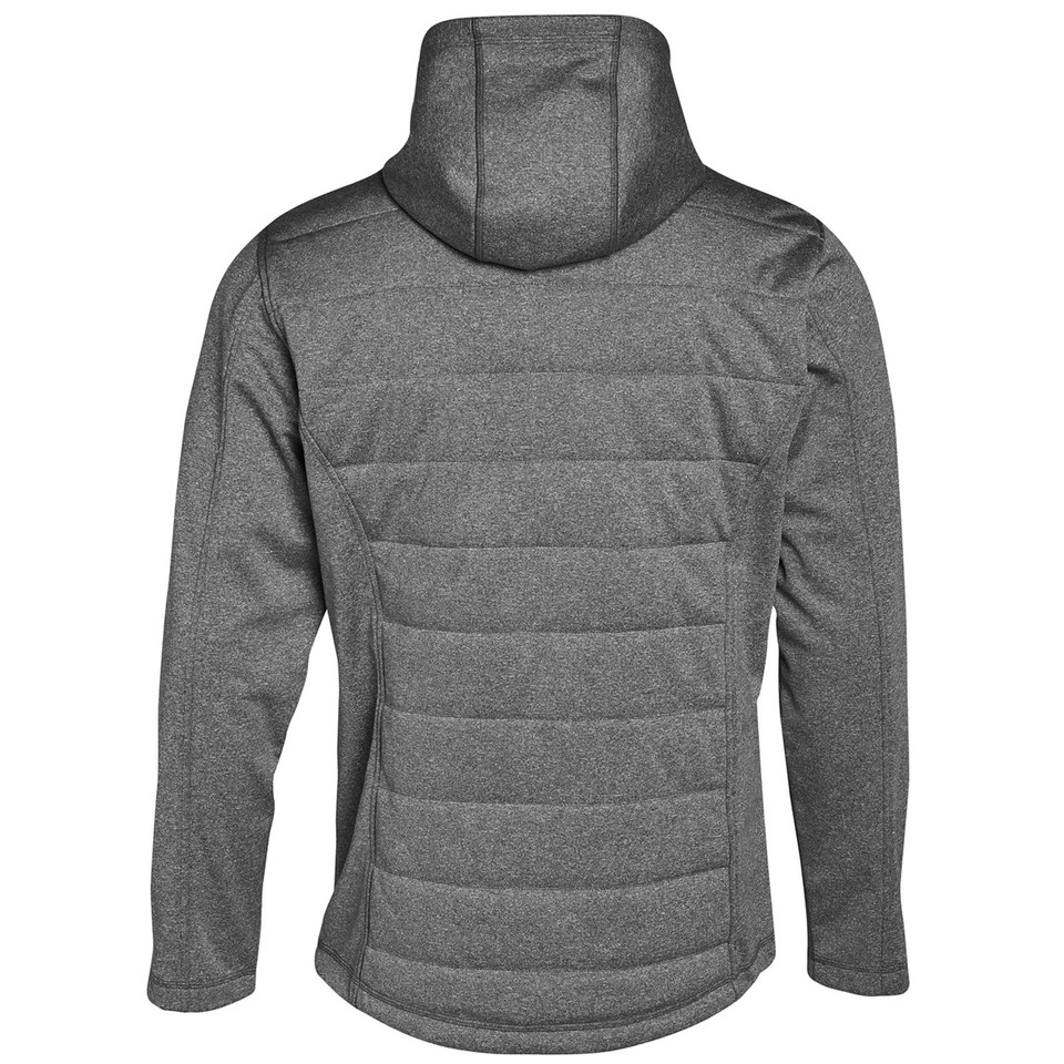 Charcoal heather quilted jacket with hood shown from back, featuring horizontal quilted panels and knit sleeves