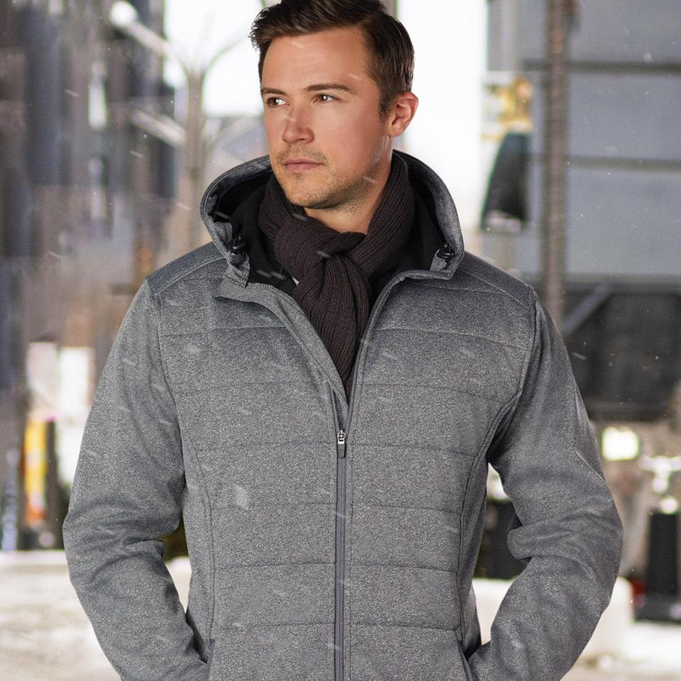 Charcoal heather quilted jacket with black contrast hood and full-length zip front closure