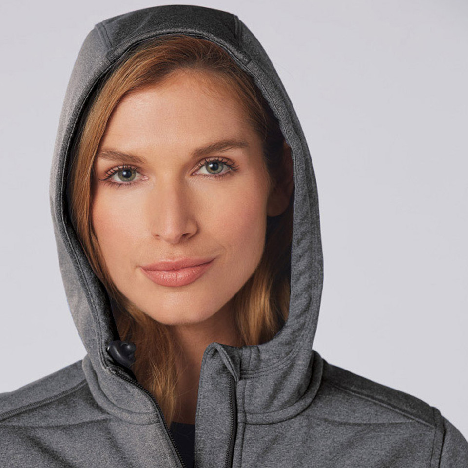 Charcoal heather quilted jacket with adjustable drawstring hood and contrast paneling