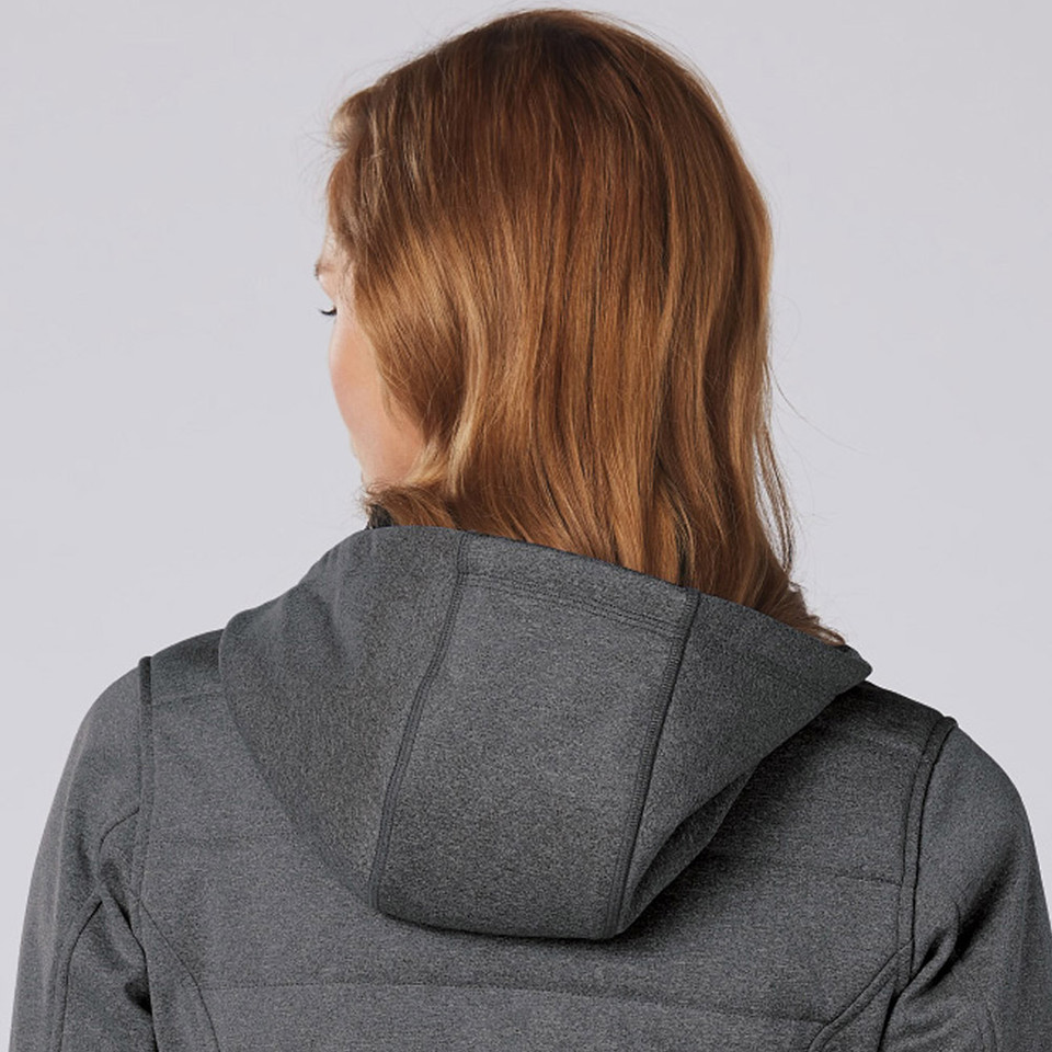Back view of charcoal heather quilted jacket with attached hood showing diamond stitch detail