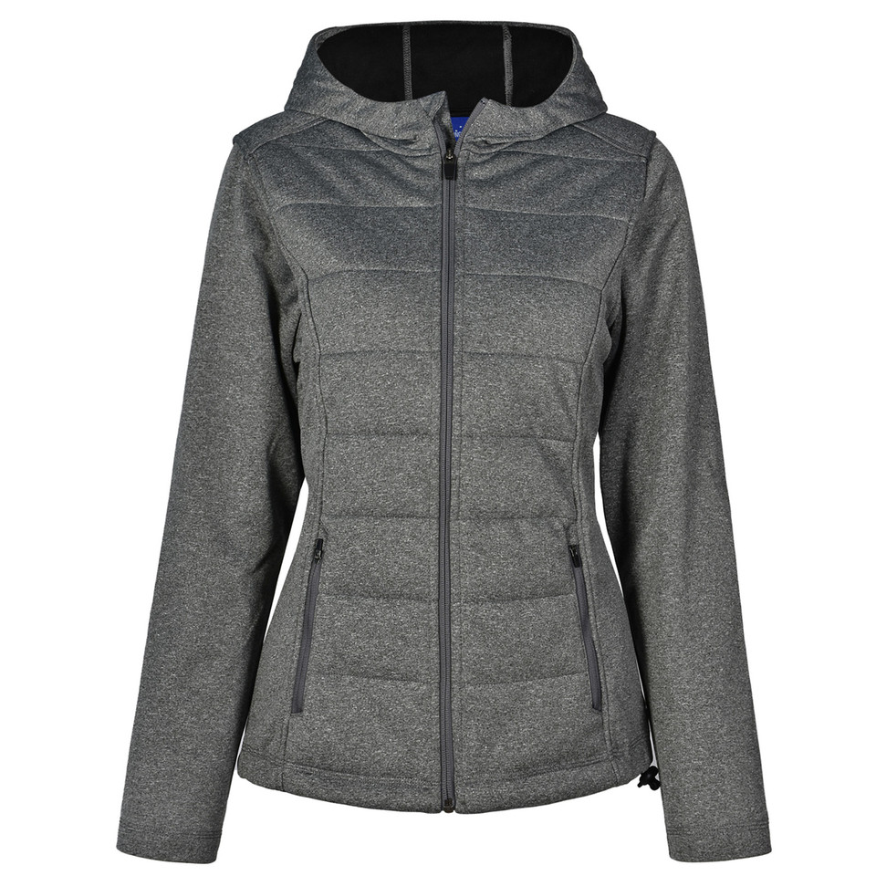 Charcoal heather women's hooded quilted jacket with full-length zip, quilted body panels and slim waist shaping