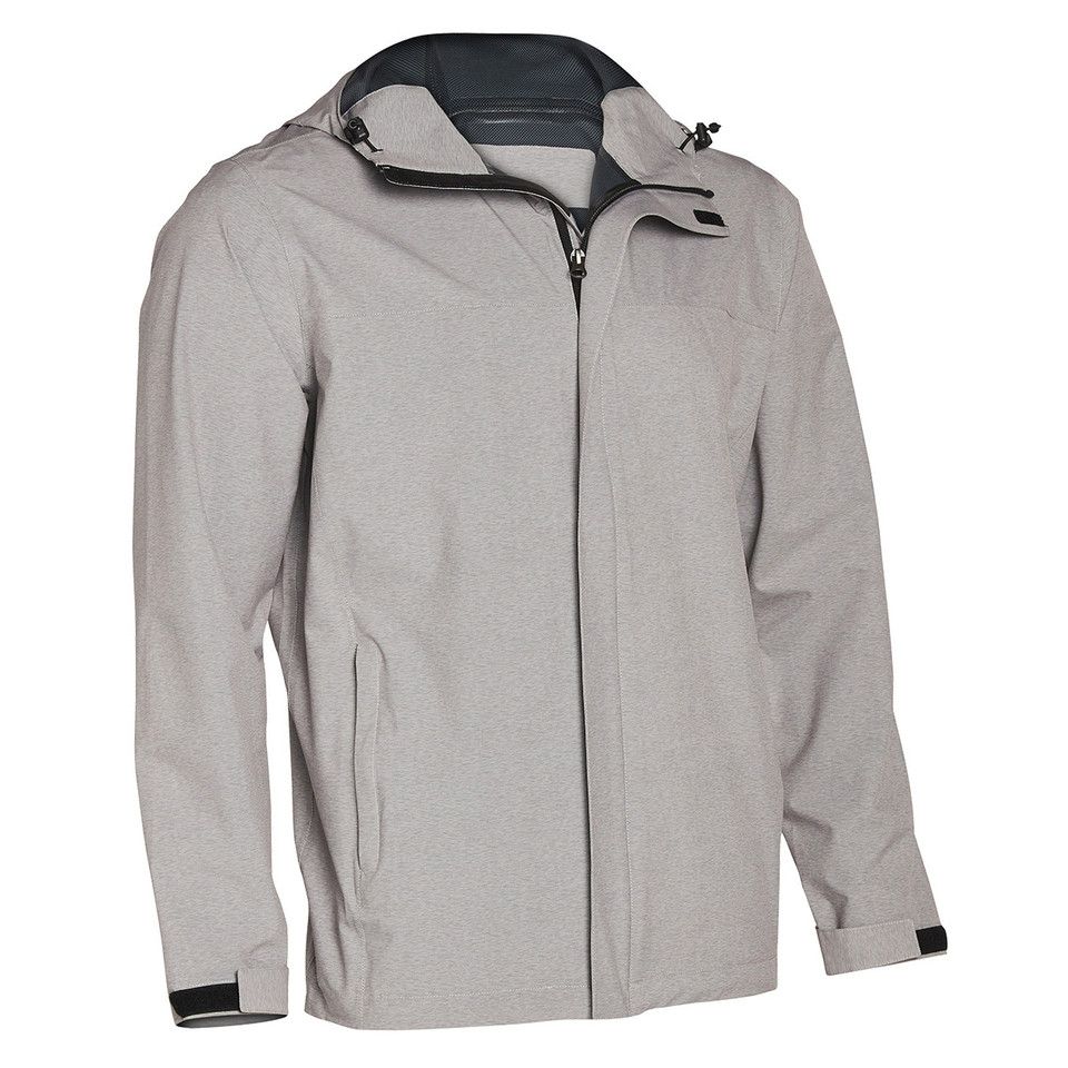 Light grey waterproof jacket with removable hood, full-length zip, and side pockets with charcoal trim details
