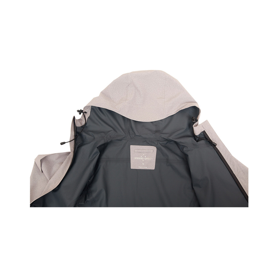 Interior view of stone waterproof jacket showing charcoal lining, interior pocket and adjustable hood with drawcord