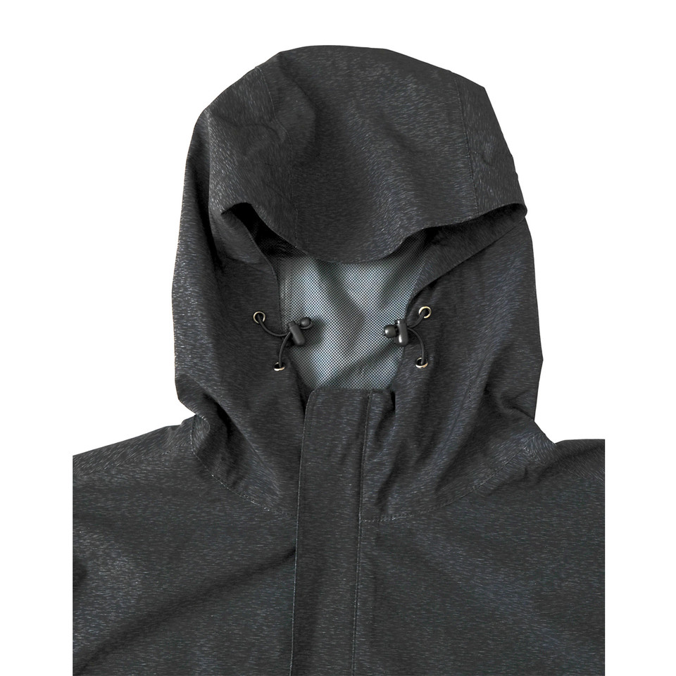 Charcoal marle waterproof jacket hood with mesh lining and black toggle drawcord adjusters