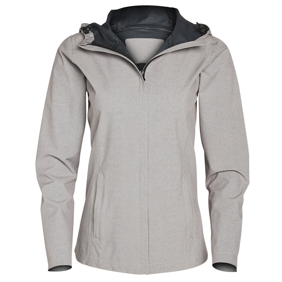 Light grey women's waterproof jacket with charcoal hood and contrast trim, featuring front zip closure and side pockets