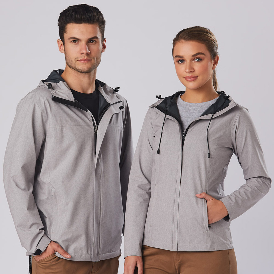 Man and woman wearing light grey hooded waterproof jackets with charcoal contrast hood lining and zip front