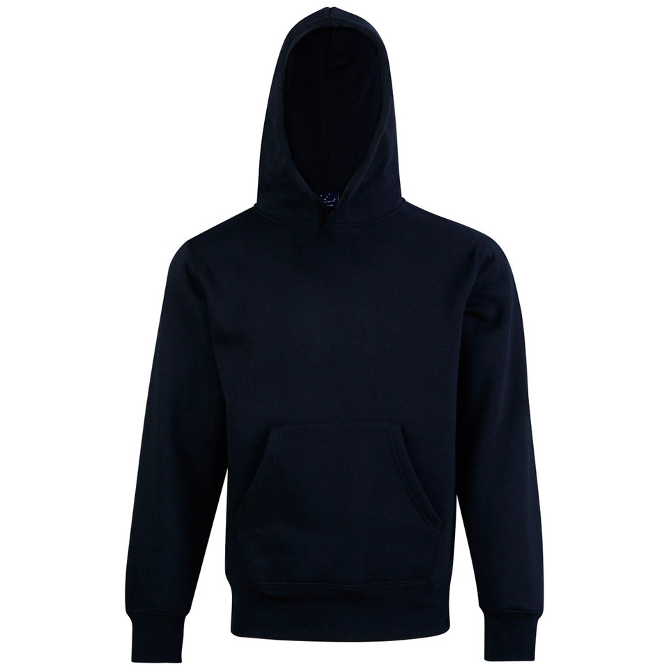 Deep navy pullover hoodie with kangaroo pocket and ribbed cuffs and hem