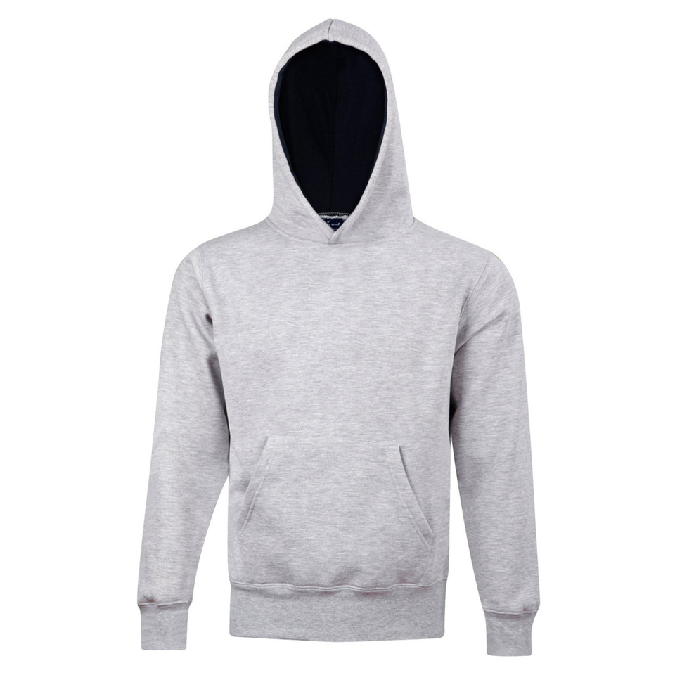 Grey marle fleece hoodie with contrast navy lining in hood and front kangaroo pocket