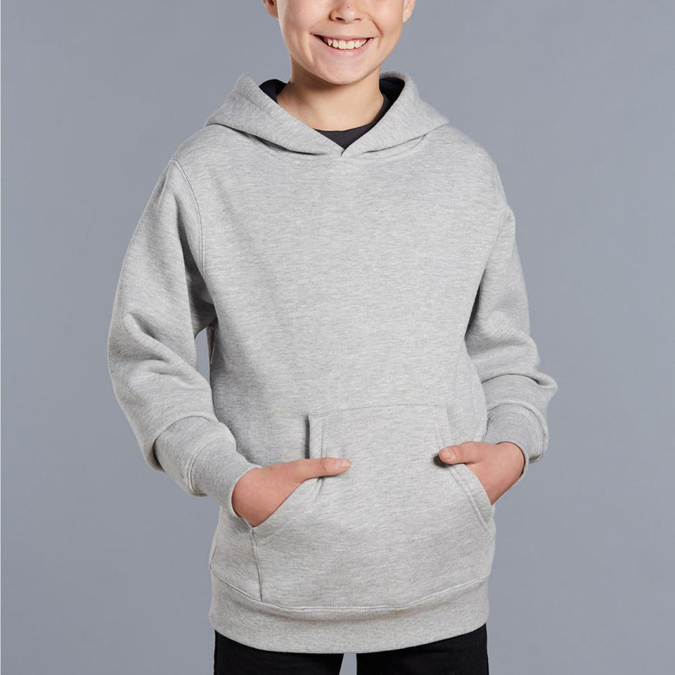 Light grey marle fleece hoodie with black contrast lining and kangaroo pocket worn by child