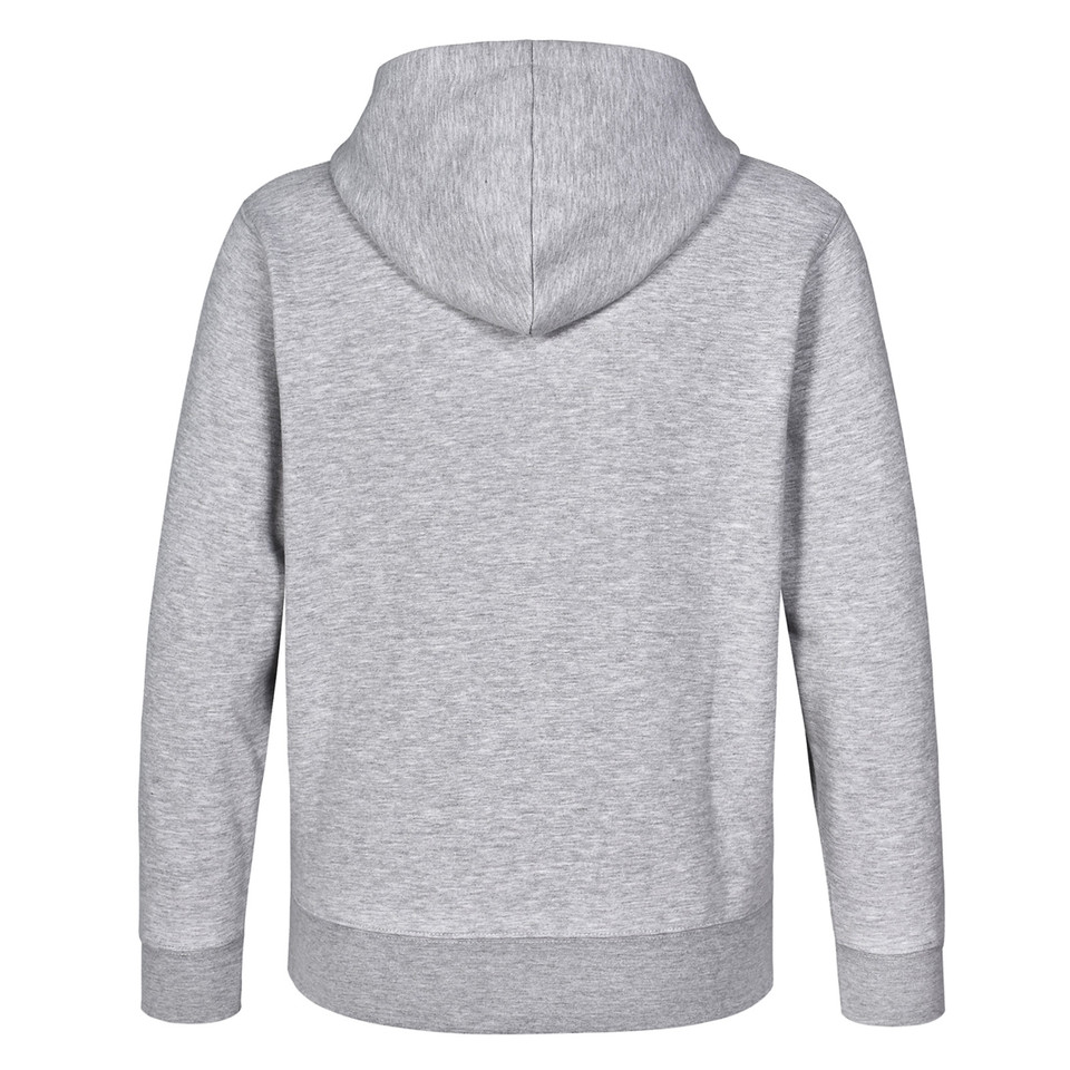 Heather grey pullover hoodie with contrast ribbed cuffs and hem, viewed from back showing hood detail