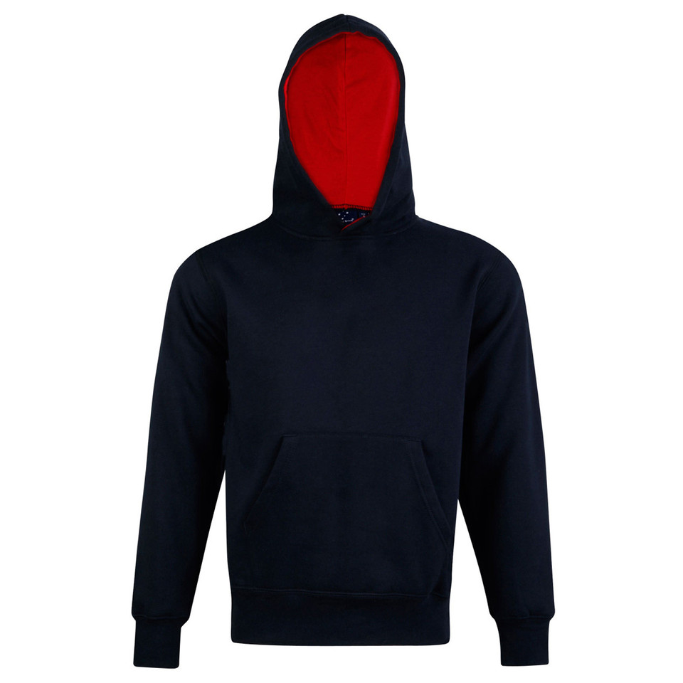 Navy fleece hoodie with contrasting red interior hood lining and front kangaroo pocket