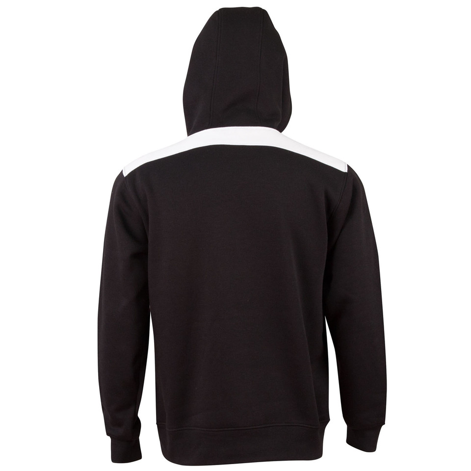 Black fleece hoodie with contrast grey shoulder panels shown from back with hood up