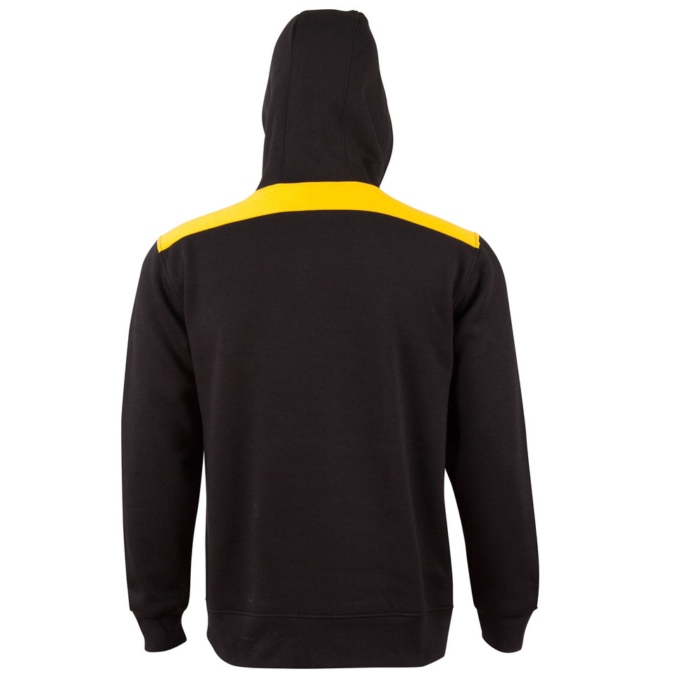 Black fleece hoodie with gold contrast shoulder panel and ribbed cuffs, back view