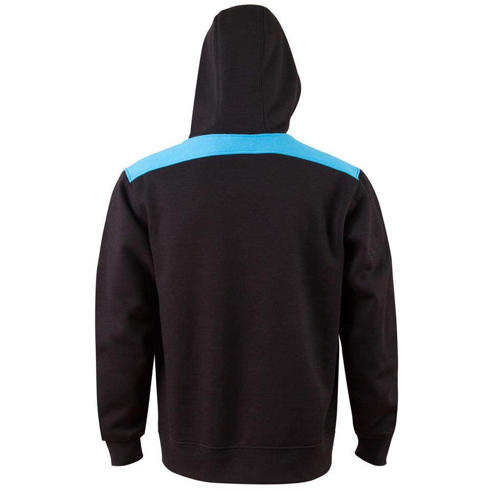 Black fleece hoodie with cyan blue contrast panel across shoulders, rear view showing decoration-friendly back panel