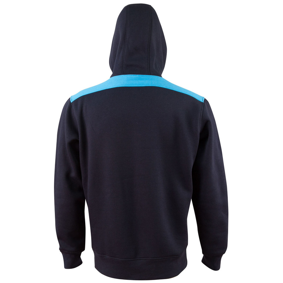 Navy fleece hoodie with cyan blue contrast shoulder panel and collar, shown from back