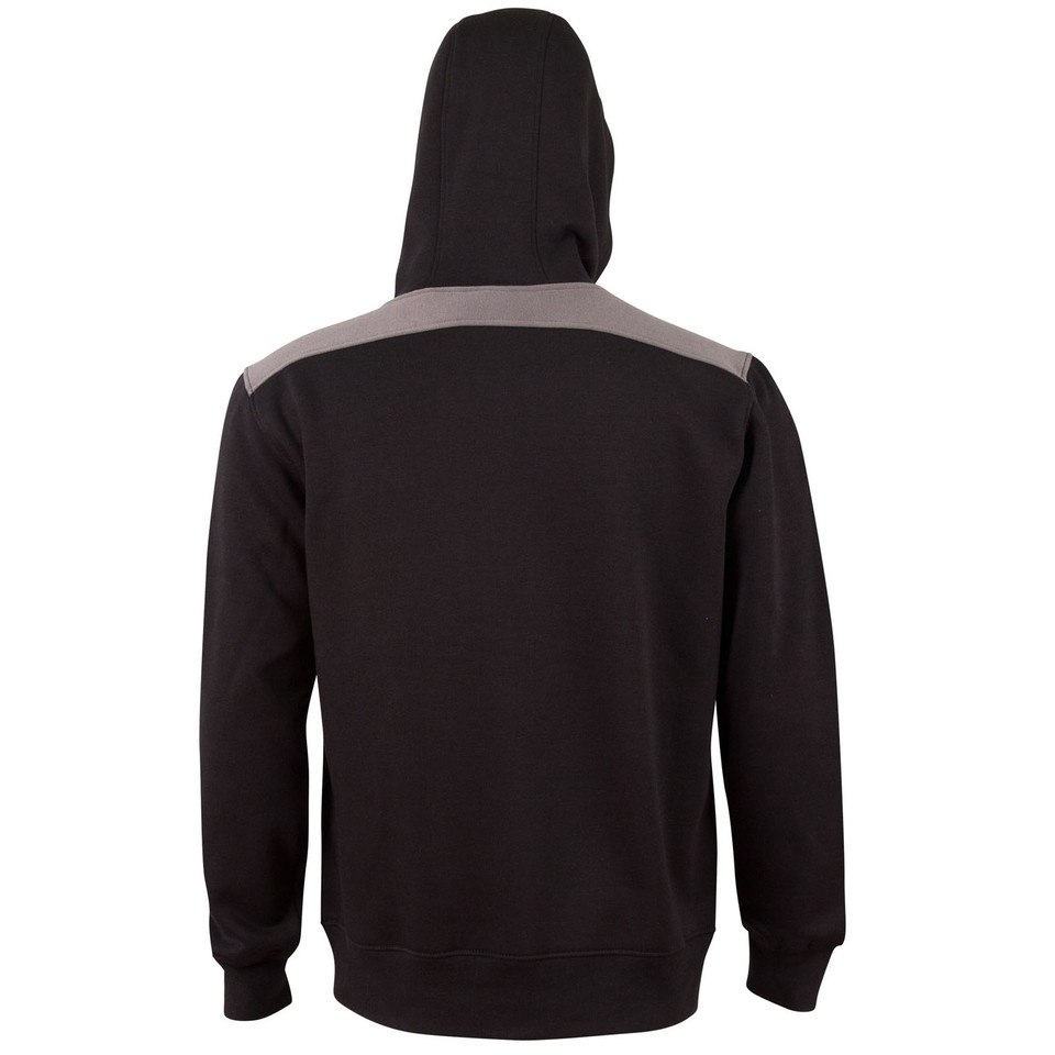 Black fleece hoodie with grey contrast panels across shoulders and hood, rear view showing ribbed cuffs and hem