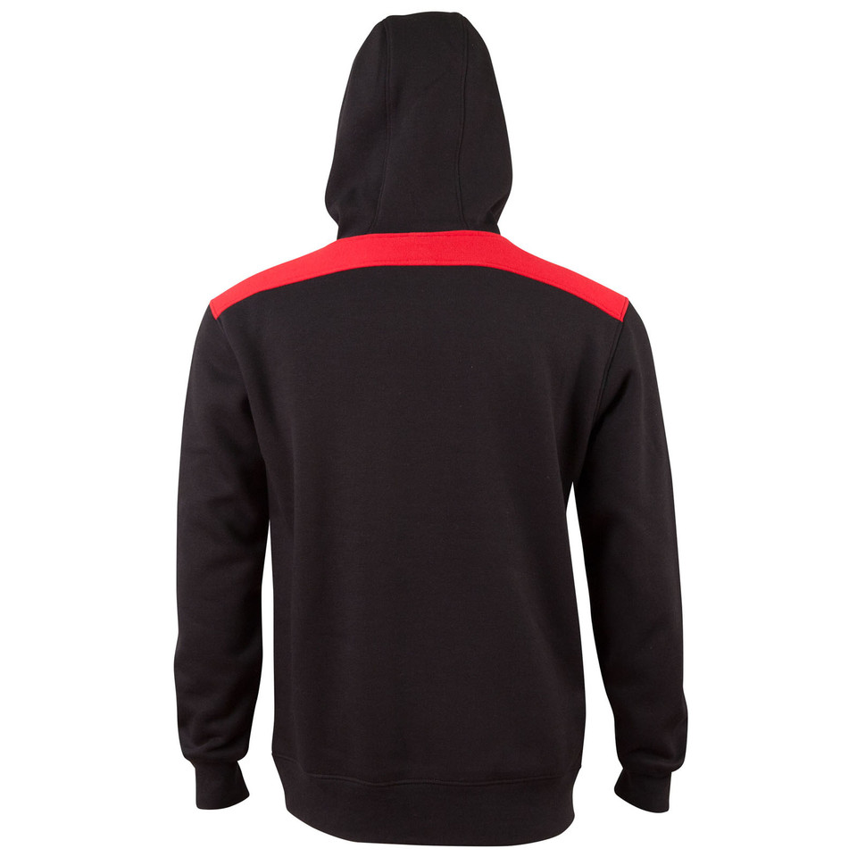 COSMIC unisex contrast fleece hoodie jumper in Black with Red shoulder panels and piping. Made from 320 GSM cotton-poly blend, this windproof sweater is designed for casual comfort and branding.