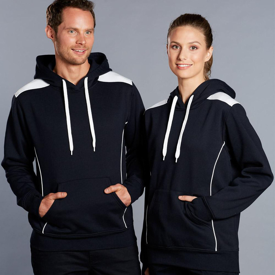 COSMIC unisex contrast fleece hoodie jumper in Black with White shoulder panels and piping. Made from 320 GSM cotton-poly blend, this windproof sweater is designed for casual comfort and branding.