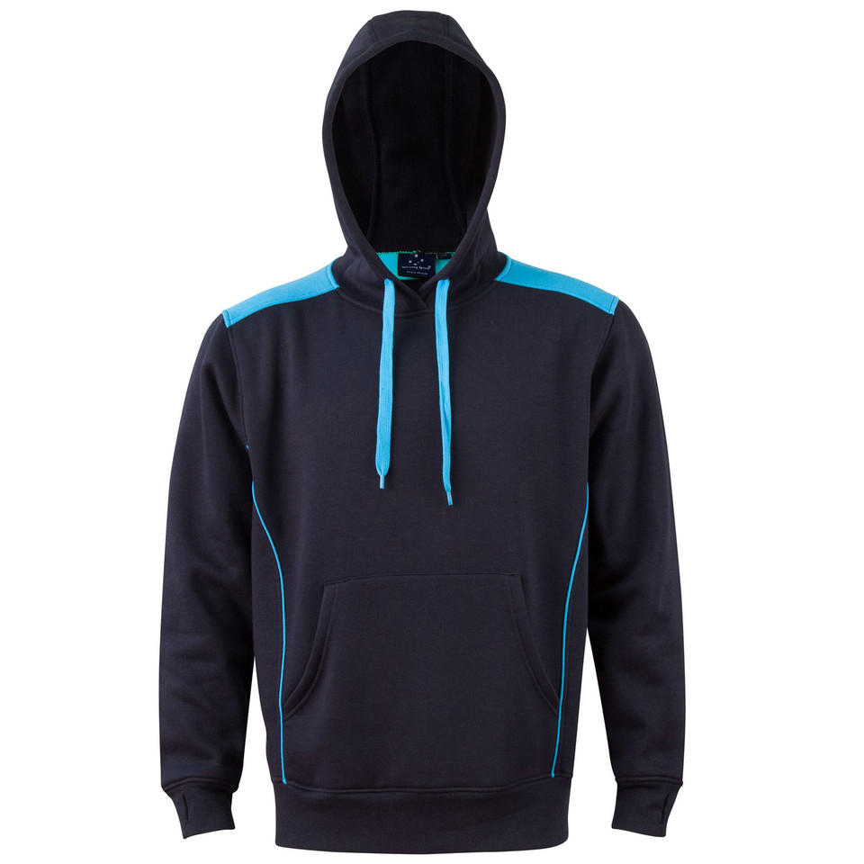 COSMIC unisex contrast fleece hoodie jumper in Navy with Aqua shoulder panels and piping. Made from 320 GSM cotton-poly blend, this windproof sweater is designed for casual comfort and branding.