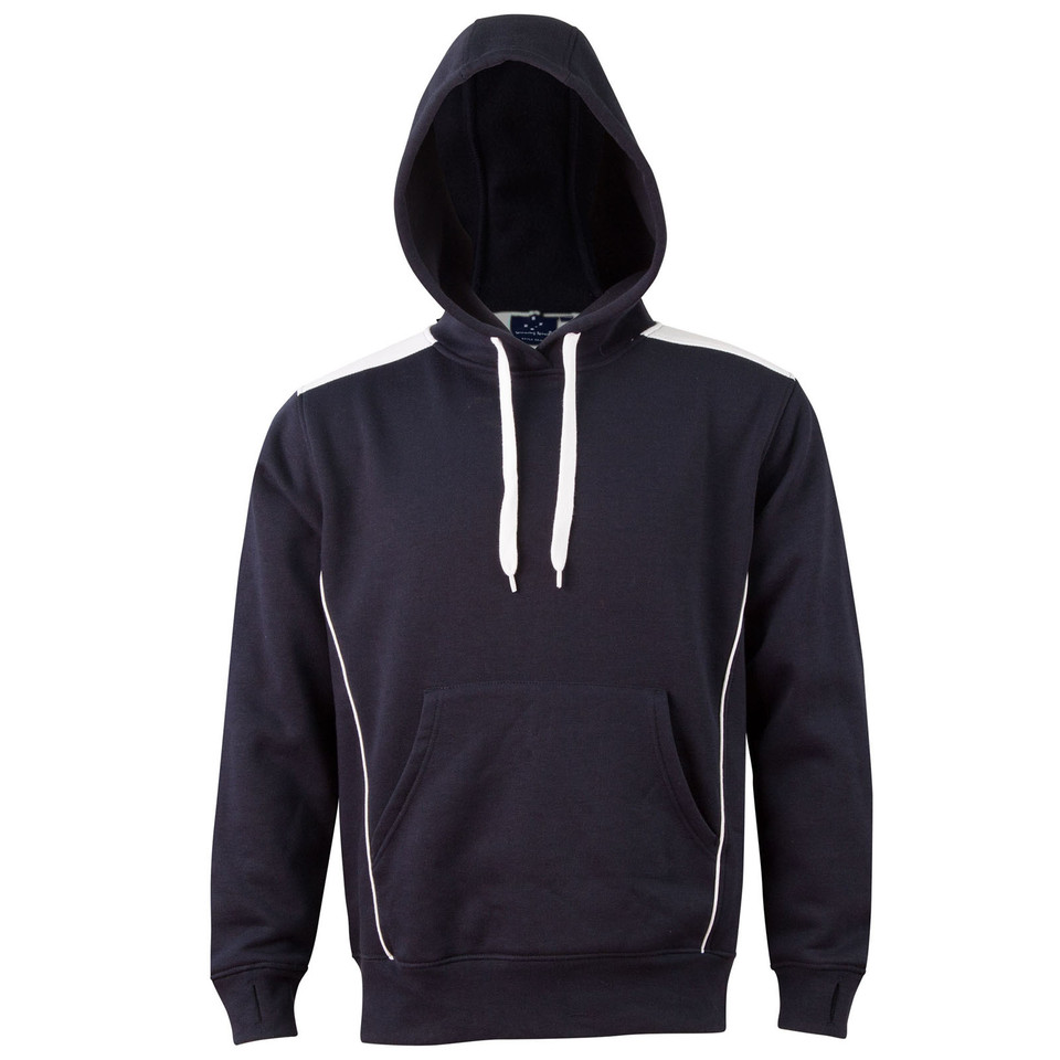 COSMIC unisex contrast fleece hoodie jumper in Navy with White shoulder panels and piping. Made from 320 GSM cotton-poly blend, this windproof sweater is designed for casual comfort and branding.