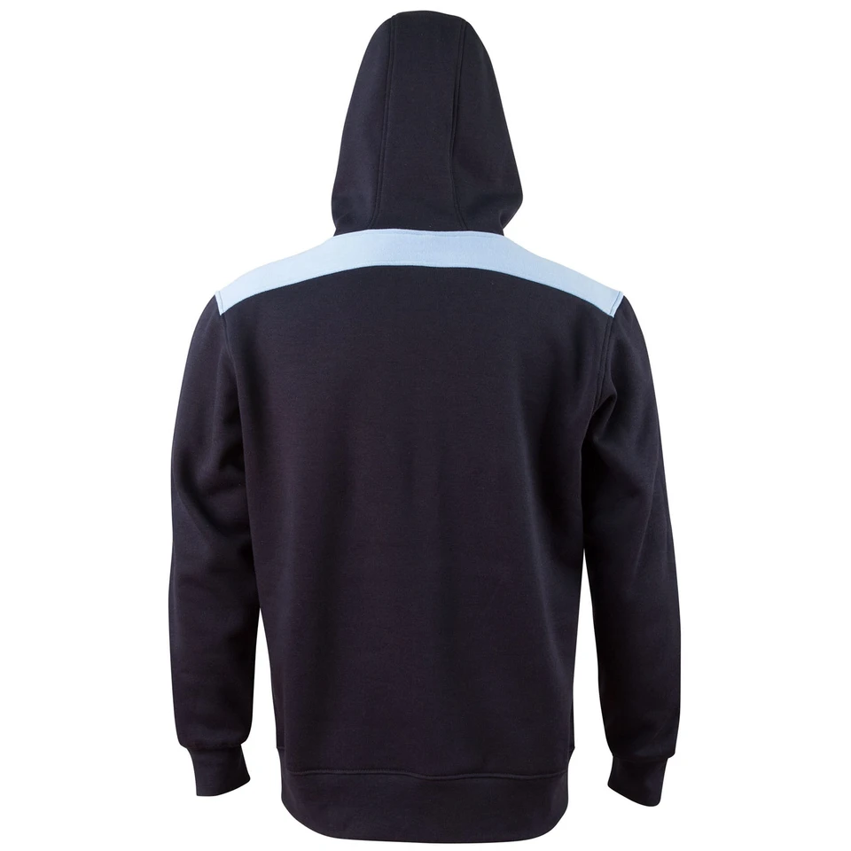 Navy fleece hoodie with sky blue shoulder contrast panel and hood, back view