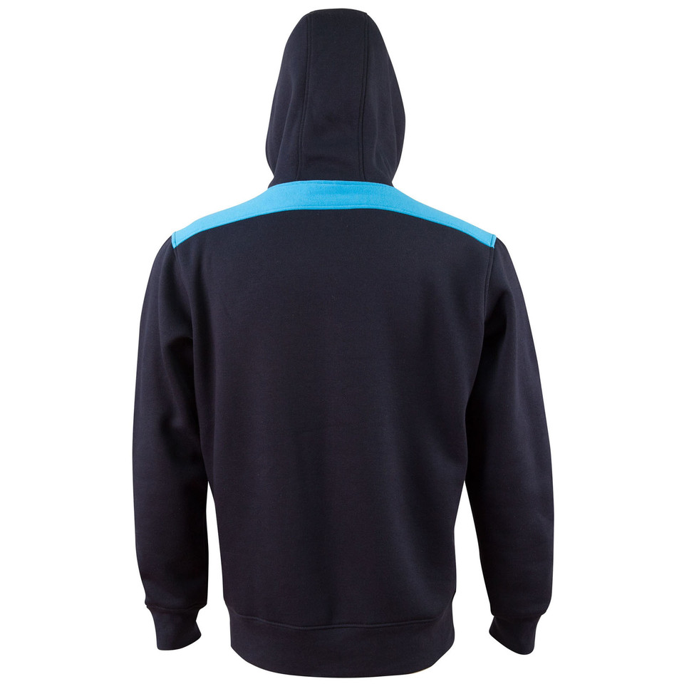 Navy fleece hoodie with cyan blue contrast shoulder panels and hood, back view